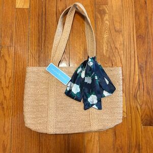 NEW Draper James Everyday Straw Bag Tote Navy Blue Floral Scarf Beach Summer